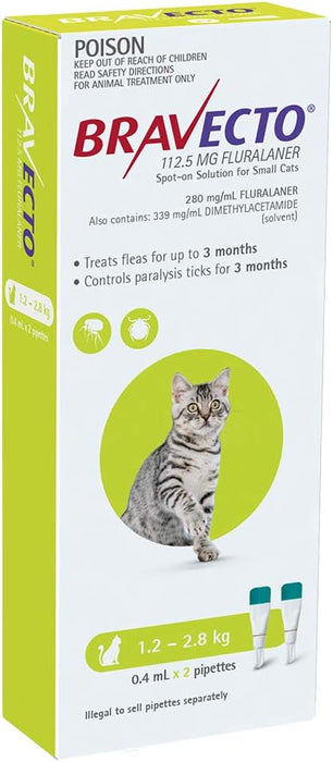 Bravecto Spot On Small Cat 1.2-2.8kg [Sz:2pk Cl:Green]