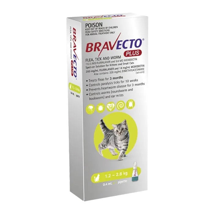 Bravecto Plus Spot On Small Cat 1.2-2.8kg [Sz:1pk Cl:Green]