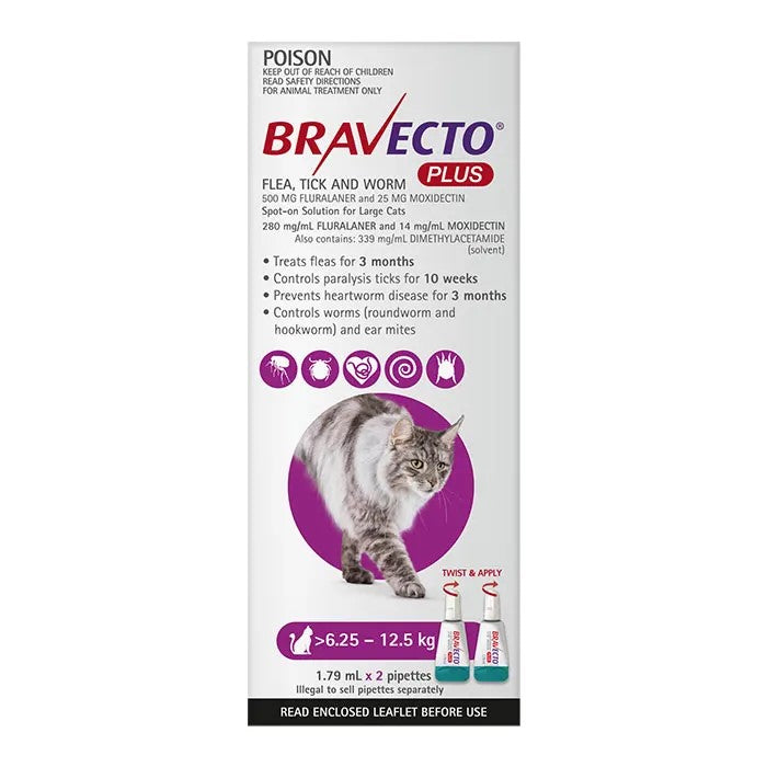 Bravecto Plus Spot on Large Cat 6.25-12.5kg [Sz:2pk Cl:Purple]